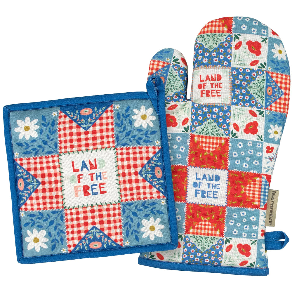 Red, white, and blue quilt block design hot pad and oven mitt saying Land of the Free