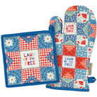 Red, white, and blue quilt block design hot pad and oven mitt saying Land of the Free