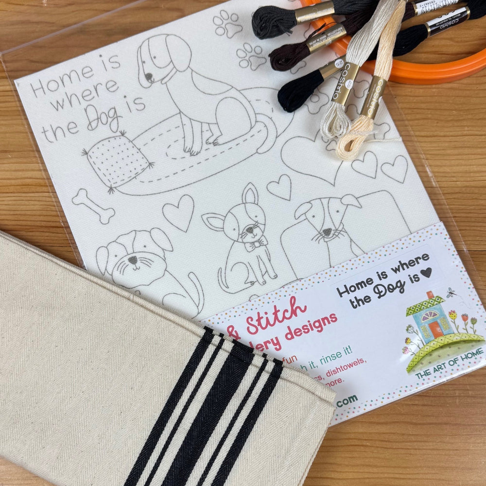 Embroidery kit with hoop, threads, pattern paper, and fabric on a wooden surface.