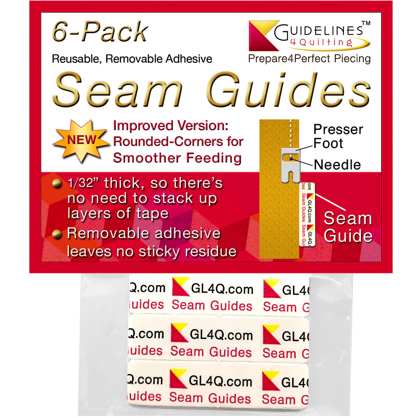 6-pack of Guidelines 4 Quilting Seam Guides with packaging details on a white background
