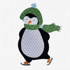 A stylized penguin applique design wearing a green patterned knit hat with a blue pom-pom and a matching green patterned scarf, set against a white textured background.