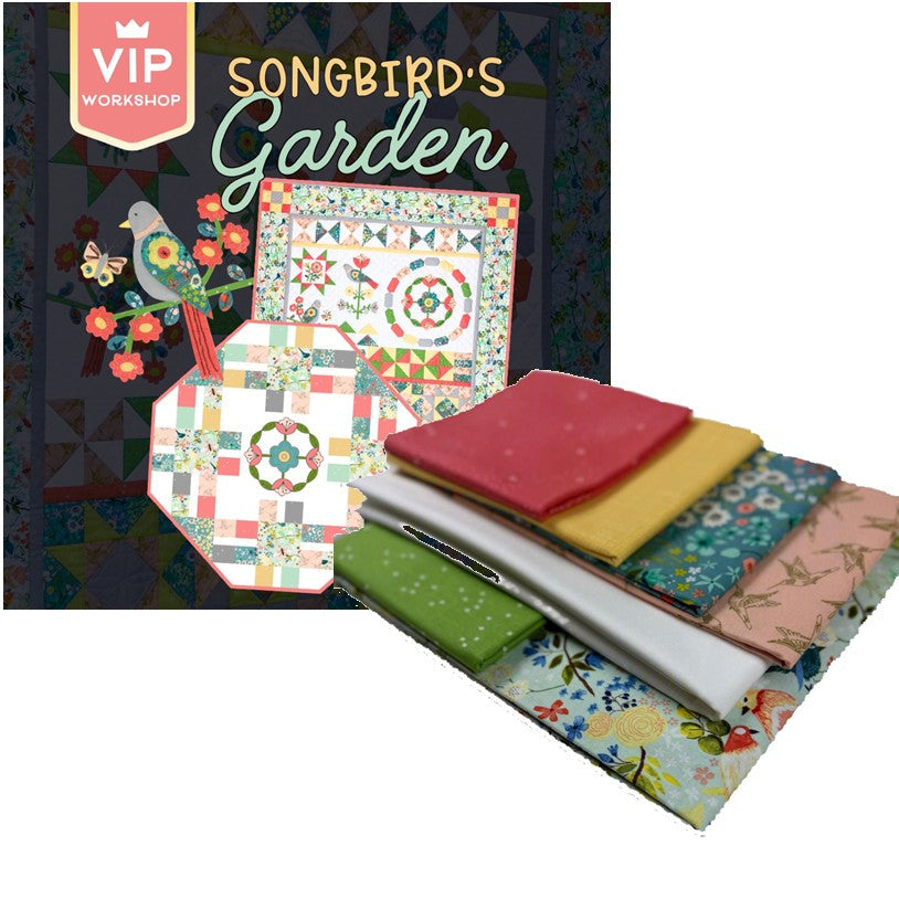 Colorful fabric swatches with a 'Songbird's Garden' book in the background