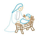 A Christmas embroidery design sheet featuring 'Oh, Holy Night' text in red script, a golden star, a camel with a blue basket, an angel in light blue, and three figures in white and blue depicting the Holy Family in different embroidery stitch styles on a white background.