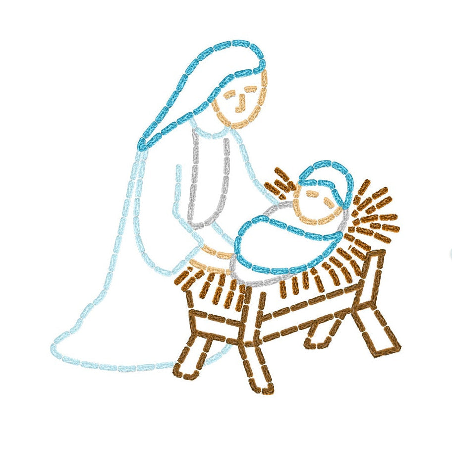 A Christmas embroidery design sheet featuring 'Oh, Holy Night' text in red script, a golden star, a camel with a blue basket, an angel in light blue, and three figures in white and blue depicting the Holy Family in different embroidery stitch styles on a white background.