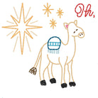 A Christmas embroidery design sheet featuring 'Oh, Holy Night' text in red script, a golden star, a camel with a blue basket, an angel in light blue, and three nativity scenes with Mary, Joseph, and baby Jesus in different colored outlines on a white background.